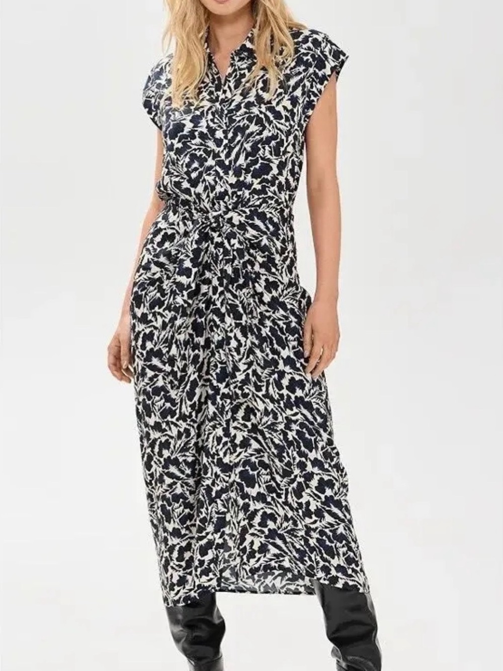 NWOT A.L.C. Emilia Printed Navy & Cream Tie-Waist Maxi Dress Sz 14
